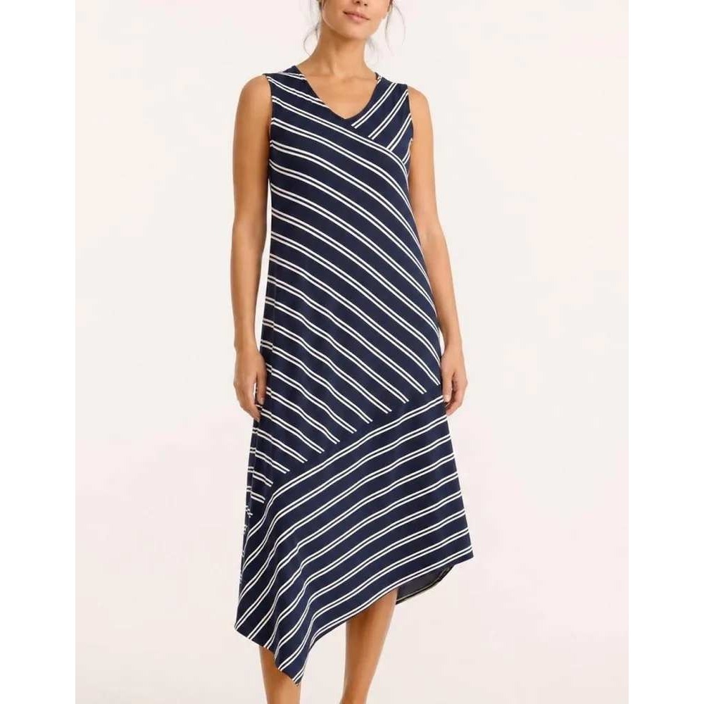 Chicos Navy Blue White Striped Sleeveless Asymmetrical Midi Dress Size 1 M 8 10